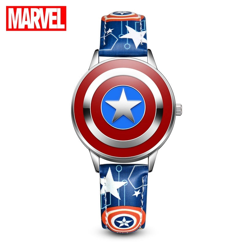 Marvel Avengers Captain America Child Leather PU Waterproof Children Quartz Flip Metal Case Watches Disney Super Hero Boys Clock