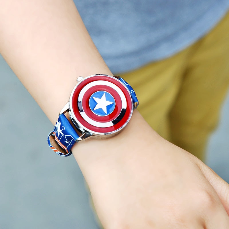 Marvel Avengers Captain America Child Leather PU Waterproof Children Quartz Flip Metal Case Watches Disney Super Hero Boys Clock