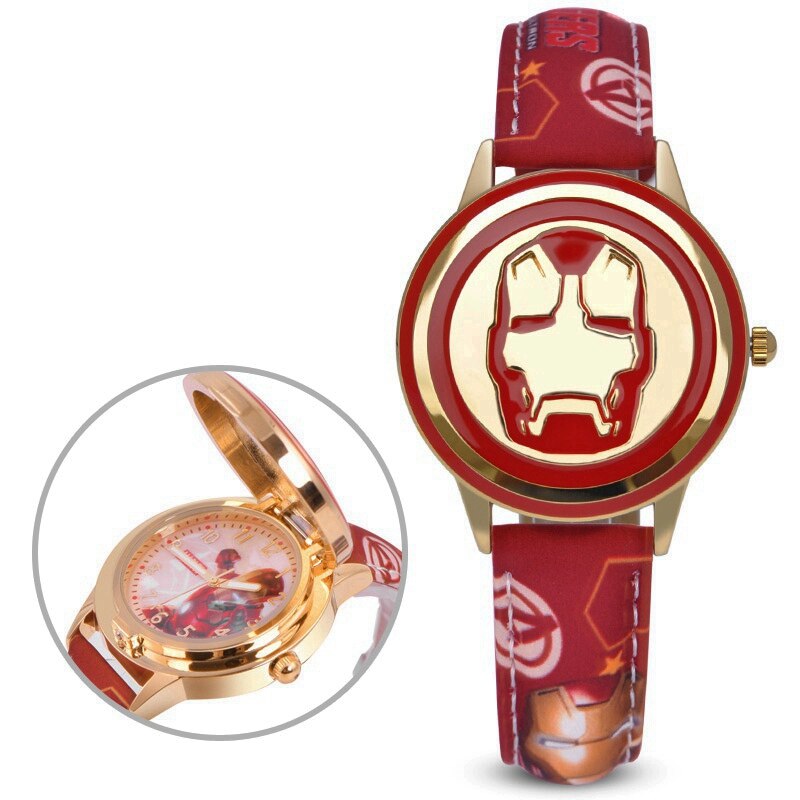 Marvel Avengers Captain America Child Leather PU Waterproof Children Quartz Flip Metal Case Watches Disney Super Hero Boys Clock