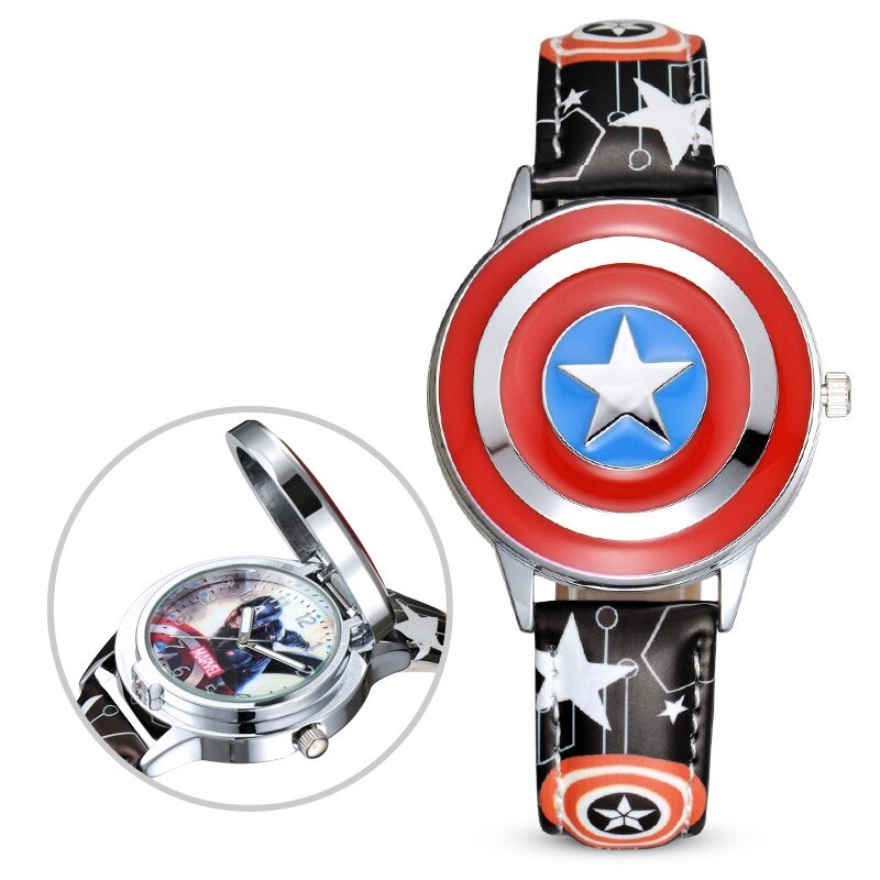 Marvel Avengers Captain America Child Leather PU Waterproof Children Quartz Flip Metal Case Watches Disney Super Hero Boys Clock