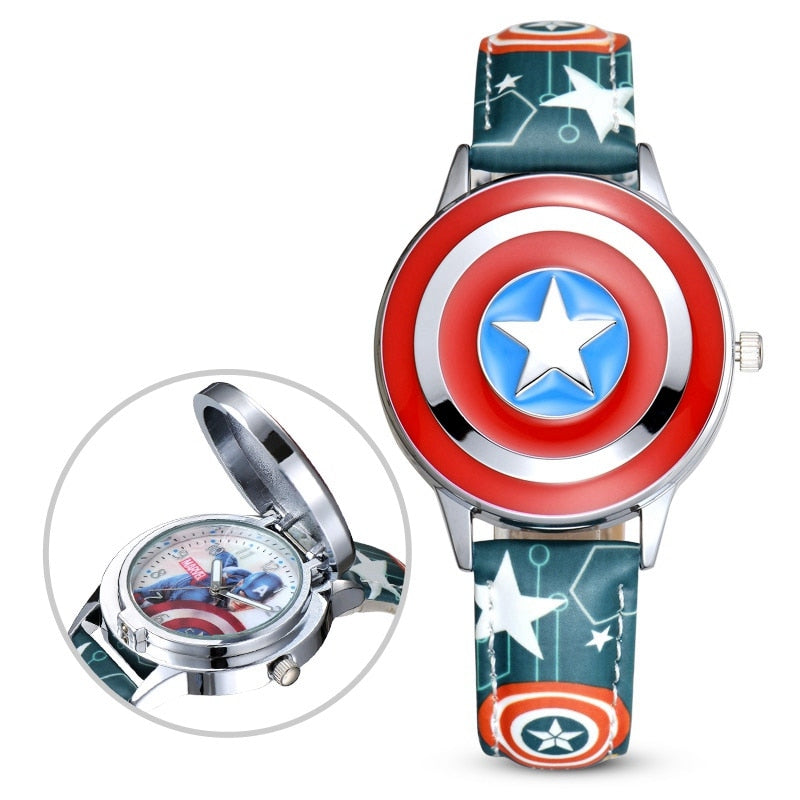 Marvel Avengers Captain America Child Leather PU Waterproof Children Quartz Flip Metal Case Watches Disney Super Hero Boys Clock