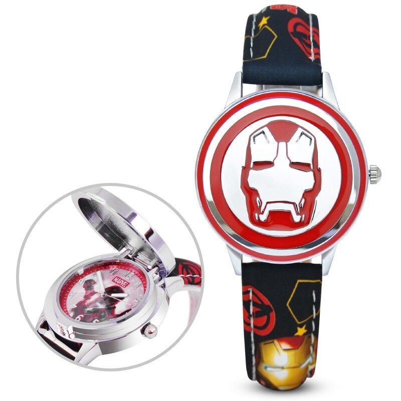 Marvel Avengers Captain America Child Leather PU Waterproof Children Quartz Flip Metal Case Watches Disney Super Hero Boys Clock