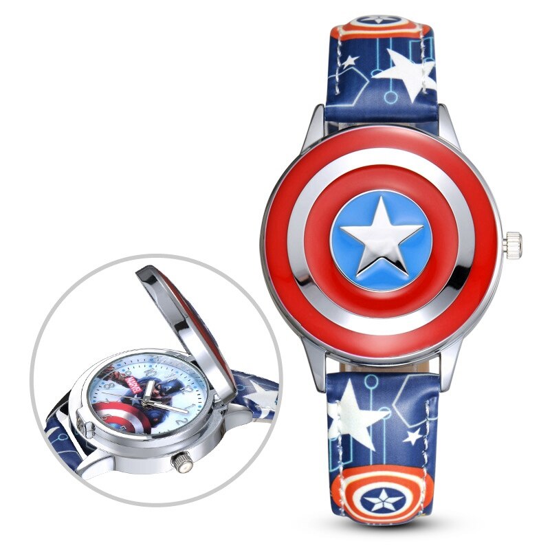 Marvel Avengers Captain America Child Leather PU Waterproof Children Quartz Flip Metal Case Watches Disney Super Hero Boys Clock