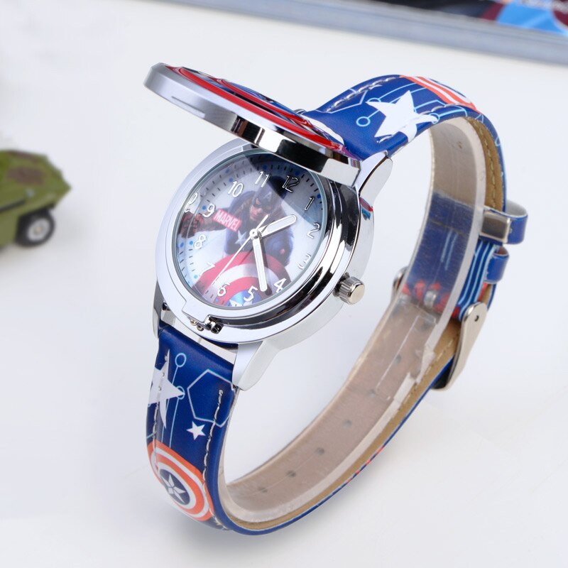 Marvel Avengers Captain America Child Leather PU Waterproof Children Quartz Flip Metal Case Watches Disney Super Hero Boys Clock